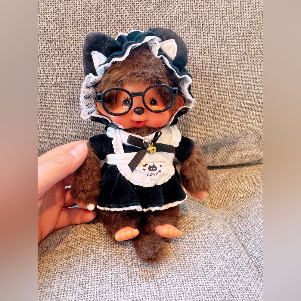 Monchhichi Plush Doll in Black Maid Outfit with Glasses